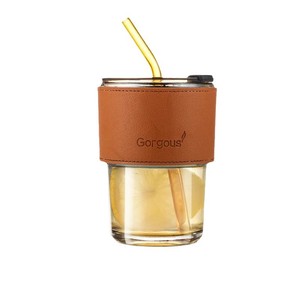 <span class=keywords><strong>Mug</strong></span> à café en verre <span class=keywords><strong>transparent</strong></span> personnalisé de qualité supérieure avec couche en cuir, couvercle et paille, pour boissons, jus et lait - Product Image 5