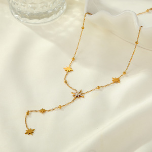 Collana <span class=keywords><strong>con</strong></span> Stella a Otto Punte <span class=keywords><strong>in</strong></span> Acciaio Inossidabile Incastonata di Diamanti per Donne, Catena Regolabile per Clavicola <span class=keywords><strong>con</strong></span> Piccole Perle Dorate - Product Image 3