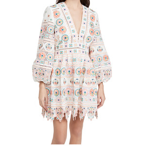 OEM 2021 moda moda <span class=keywords><strong>fiori</strong></span> primaverili ricamati Casual donna abito traforato <span class=keywords><strong>maniche</strong></span> a sbuffo Mini abito - Product Image 1
