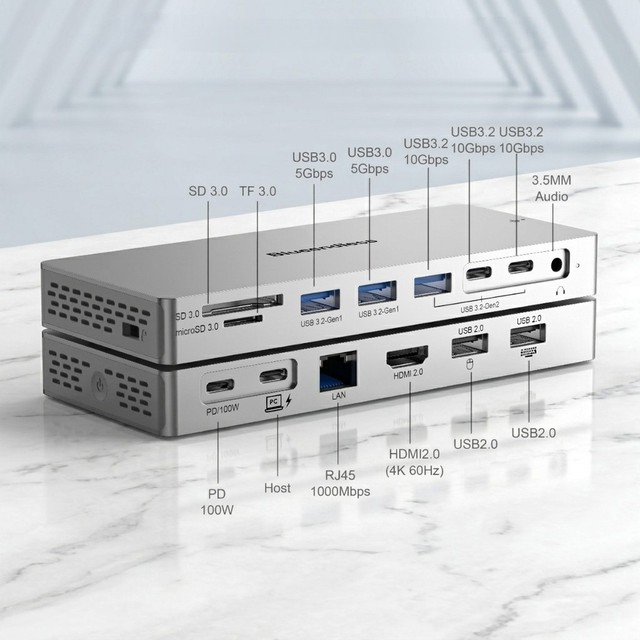14-in-1 USB C Hub Docking Station 10Gbps USB 3.2 4K 60Hz Gigabit Ethernet SD TF Card Reader PD 100W Audio Adapter Aluminum Alloy