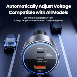 อุปกรณ์ชาร์จไฟในรถ3พอร์ต200W ของ toocki กำลังสูง Pd 100W เอาท์พุท USB-C + ไฟ LED สีฟ้าใส USB-A พอร์ตสำหรับชาร์จอุปกรณ์ในรถ - Product Image 6