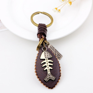 Llavero de Espina de Pescado, Cuero Genuino de Vaca, Metal de Latón, Estilo Punk Retro, Colgante de Joyería, Color Bronce, Diseño Duradero - Product Image 2