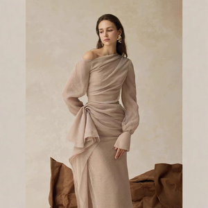 Nouvelle Robe de Soirée Formelle <span class=keywords><strong>Nude</strong></span> 2026 à Épaules Dénudées, Drapée, Manches Cloche, Froncée et Volants, Longueur Midi, pour Fête et Mariage - Product Image 5