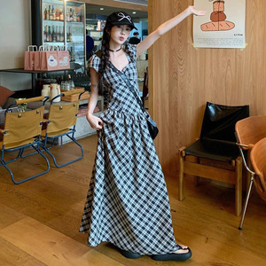 Women's Plaid Dress V-<b>Neck</b> Empire Waist Wrap And <b>Tie</b> Breathable Summer 2025 Long Sleeveless Maxi Dress - Product Image 1
