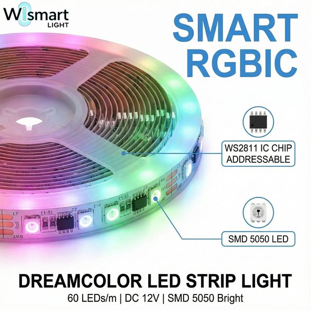 DC 12V WS2811 Addressable RGBIC LED Pixel Strip Light 5050 60LEDs/m Smart Dream Color Flexible Tape