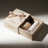 Boîte cadeau cosmétique beige personnalisée, logo personnalisé, lamination mate, doublure en éponge, décoration en ruban, structure de tiroir pour cadeau