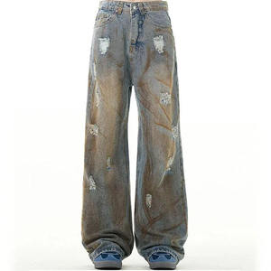 OEM/ODM กางเกงยีนส์ซักโคลนสำหรับผู้ชายกางเกงยีนส์ทรงหลวมทรงตรงแบบเรียงซ้อนสำหรับเด็กผู้ชายกางเกงยีนส์ขาดๆฮิปฮอป - Product Image 5