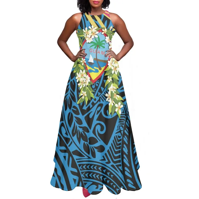Diseño de moda Patrón de Polinesia Verano Nueva moda Elegante sin mangas Vestido informal Ti Leaf Lei Ruffled Print Summer Maxi Dress