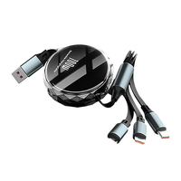 Câble de données USB-C rétractable 3-en-1 100W à charge rapide 5A avec support de téléphone 1,2 m – Câble USB Micro Type-C 3-en-1 promotionnel