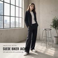 Veste en daim pour femme, style motard, fermeture éclair sur le devant, col montant, coupe courte et régulière, vêtement d'extérieur pour l'automne et l'hiver