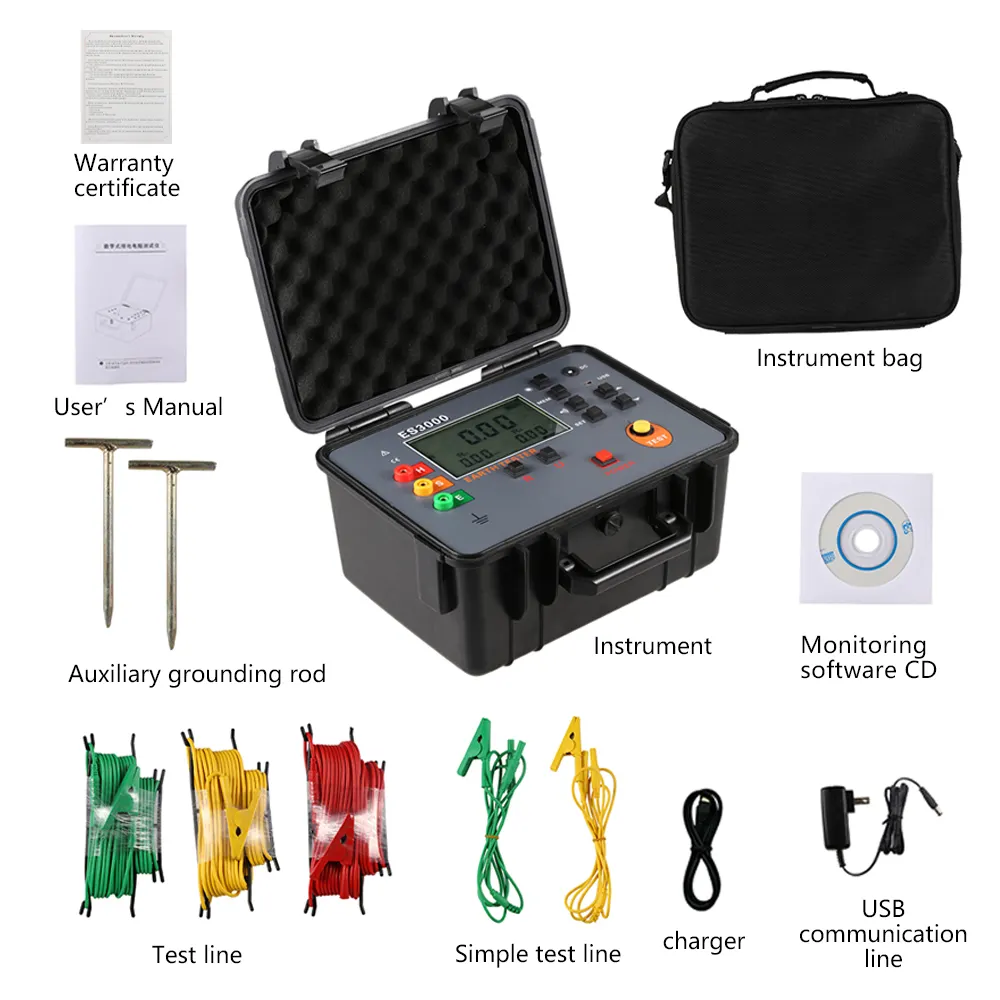 ES3000 2-3 와이어 자동 시프트 0-3kohm 지구 저항 테스터 및 전압 테스터와 500 데이터 USB 업로드