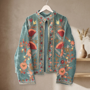Veste d'extérieur vintage en velours tissé brodée à la main, motif floral folklorique, col mandarin, doublure en coton matelassé, écologique, automne-hiver - Product Image 3