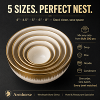 Lot de bols à soupe en porcelaine fine avec bordure dorée, tailles 4, 4.5, 5, 6, 8 pouces, vente en gros pour hôtels, restaurants, banquets et mariages