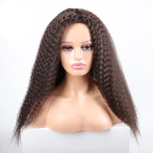 Wig panjang tanpa lem renda keriting mendalam highlight coklat kastanye ekstensi rambut manusia sintetis India Wig keriting keriting