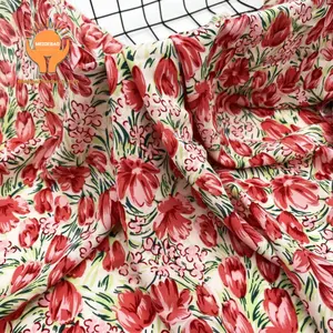 High Quality Smooth Feel Polyester Fabric Waist Flower Korean Silk Plain Print For Women's Dresses Blouses