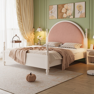 French Style Cream Solid Wood Mortise and Tenon Princess <b>Bed</b> 1.8m <b>Double</b> <b>White</b> 1.5m Pink Soft Back for Adult Bedroom - Product Image 1