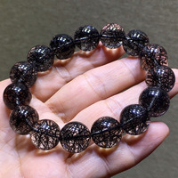 Bracelet extensible de luxe en perles rondes de quartz rutilé noir naturel de qualité collectionnable, bracelets rares en quartz cheveux noirs
