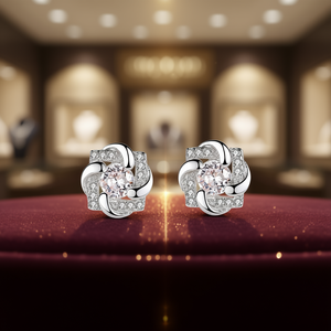 Orecchini a lobo E830 in oro bianco con diamanti, taglio brillante rotondo, design floreale, montatura a griffe, gioielli di lusso da donna - Product Image 2