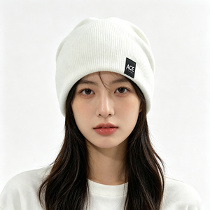 Slouchy White ACE Puff Printed Knit Beanie Custom Embroidery Unisex Warm Winter & Autumn <b>Hat</b> for Outdoor & Streetwear - Product Image 1