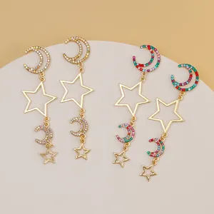 Gioielli di moda orecchini a bottone a forma di stella placcati in oro orecchini pendenti con nappe a forma di stella di luna con strass colorati lunghi