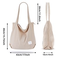 Sac fourre-tout en velours côtelé robuste avec fermeture éclair, sac à main à bandoulière grande capacité durable, sac de courses renforcé avec poches intérieures