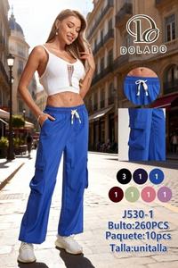 Pantalon cargo bleu pour femme, taille haute, cordon de serrage, coupe ample, longueur intégrale, couleur unie, coton et polyester, style décontracté printemps - Product Image 3