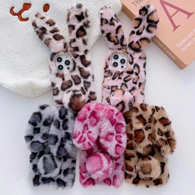 New Fashion Leopard Pattern Rabbit Fur Shell Mobile Phone Case for iPhone 13 14 Pro Max Warm Soft Fur Case