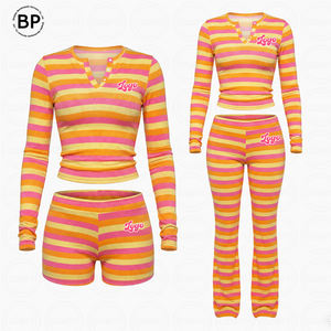 <span class=keywords><strong>Completo</strong></span> Loungewear da <span class=keywords><strong>Donna</strong></span> Due Pezzi Personalizzato Y2K, T-Shirt a Righe a Maniche Lunghe <span class=keywords><strong>e</strong></span> <span class=keywords><strong>Pantaloni</strong></span> Svasati con Vita Pieghevole in Cotone - Product Image 1