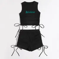 Letter Logo 2 Custom Letter Logo Sleeveless O Neck Drawstring Ruched Side Crop Tank Top And Shorts 2 Piece Short Set Women Tracksuit