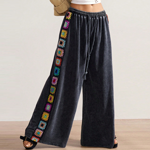 <span class=keywords><strong>Pantalon</strong></span> large pour <span class=keywords><strong>femme</strong></span>, motif carré Granny, avec côtés en crochet coloré, effet délavé - Product Image 1
