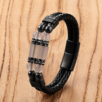 Bracelet en cuir tressé à double couche pour homme, orné de perles de pierre, avec fermoir magnétique en acier inoxydable, fait main