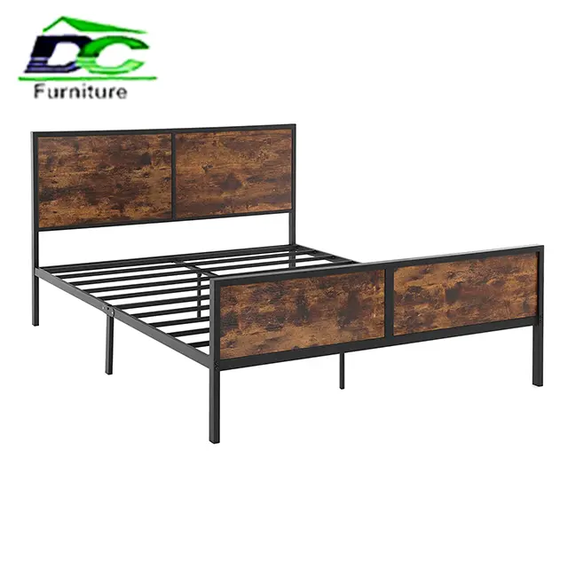 Industrial Style Rustic Brown and Black Metal Bed Frame with Headboard Footboard Iron Bed Frame