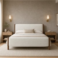 Cadre de lit rembourré en tissu bouclé de style nordique moderne avec poteaux en bois massif de noyer, lit plateforme pour chambre à coucher, taille King ou Queen