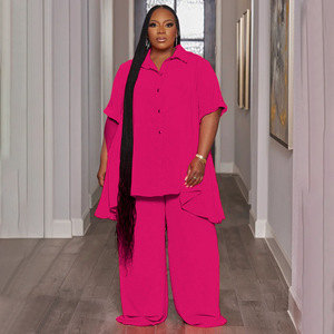 HO 2024 Nouveaux vêtements pour femmes grandes tailles, haut à manches courtes de couleur unie tendance, pantalon large à jambes larges, ensemble 2 pièces pour femmes - Product Image 6