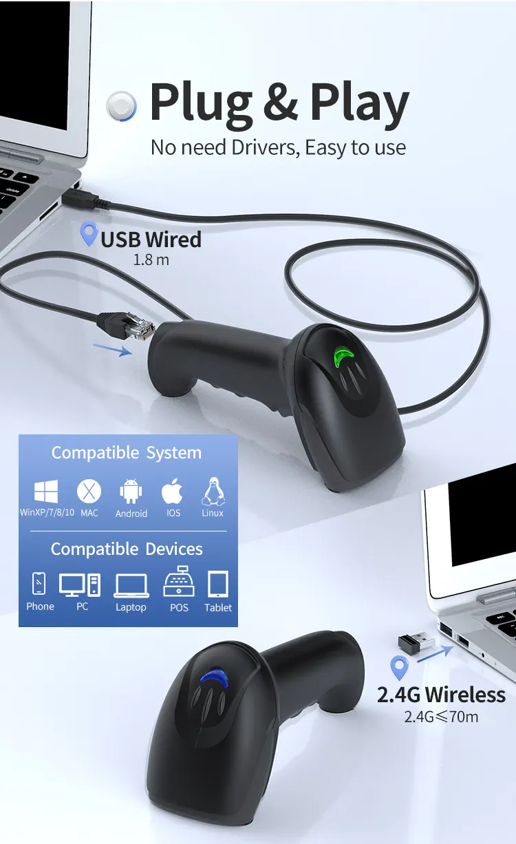 Xincode tay không dây hình ảnh laser Máy quét mã vạch cầm tay bluetooth điện thoại di động QR 2D 1D Máy quét mã vạch cho siêu thị