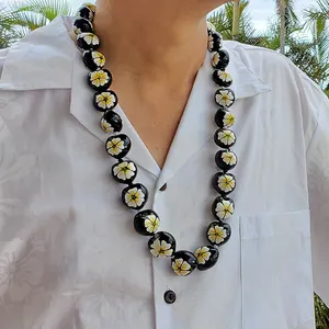 32" Hawaiian Kukui Nut Lei,Hibiscus Flower Hand Painted Kukui Nut Graduation Wedding Beaded Necklace