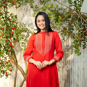 Wholesale Rate <b>Chinese</b> Collar Embroidered Cotton Midi <b>Dress</b> <b>Red</b> Elegant for Women - Product Image 6