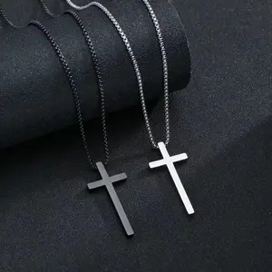 Hot selling Silver Black Gold Stainless Steel Prayer Cross Pendant Chain Necklace for Men Box Chain