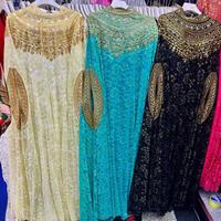 Robe Kaftan Brodé Style Cape Col Rond Manches Raglan Coupe Ample Longueur Maxi en Dentelle Robe de Soirée Modeste pour Femmes du Moyen-Orient