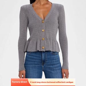 <span class=keywords><strong>Cardigan</strong></span> maglione Casual <span class=keywords><strong>Slim</strong></span> tinta unita con scollo a V con bottone di strass con svasato a maniche svasate Design stringente in vita per la primavera - Product Image 5
