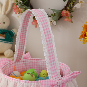 Wholesale Monogrammed Ruffle Quilted Kids Bunny Bucket Gingham <strong>Egg</strong> <strong>Hunt</strong> Bucket Cotton Pink Bow <strong>Easter</strong> <strong>Basket</strong> - Product Image 5