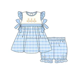 Diseños de ropa personalizados de Pascua para niños, conjunto de bebé con volantes de primavera, apliques de conejo, traje de boutique para niña