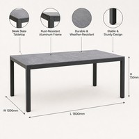 Table à manger extérieure moderne en céramique avec ensemble de salle à manger en bois de teck, texture sable de charbon et plateau en granit noir