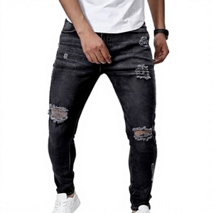 Jeans de Mezclilla Negros Desgastados y Ajustados para Hombre, Cintura Media, Estilo Casual, Pierna Recta, Algodón, Estilo Otoñal - Product Image 1