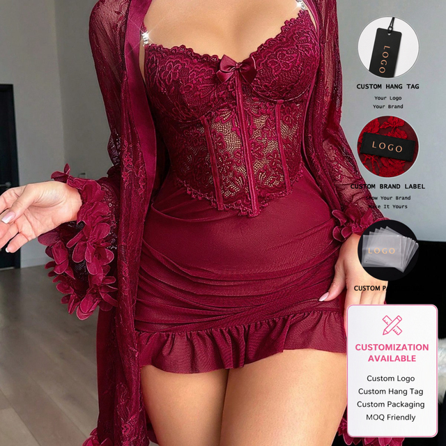 Women Burgundy Lace Robe Set Corset Babydoll Dress Satin Belt Long Sleeve Bridal Sleepwear Premium Robe Dress