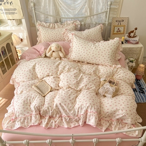 Soft Floral Printed 4-Piece <strong>Bedding</strong> Sets <strong>Double</strong> Layer Gauze Lace Edge Skin Friendly <strong>Princess</strong> Style for <strong>Double</strong> Size Bed Cover Set - Product Image 4