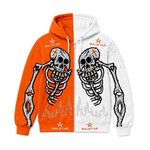 Sweat à capuche squelette orange et blanc personnalisé pour homme, style gothique, broderie strass, fermeture éclair, streetwear tendance - Product Image 1
