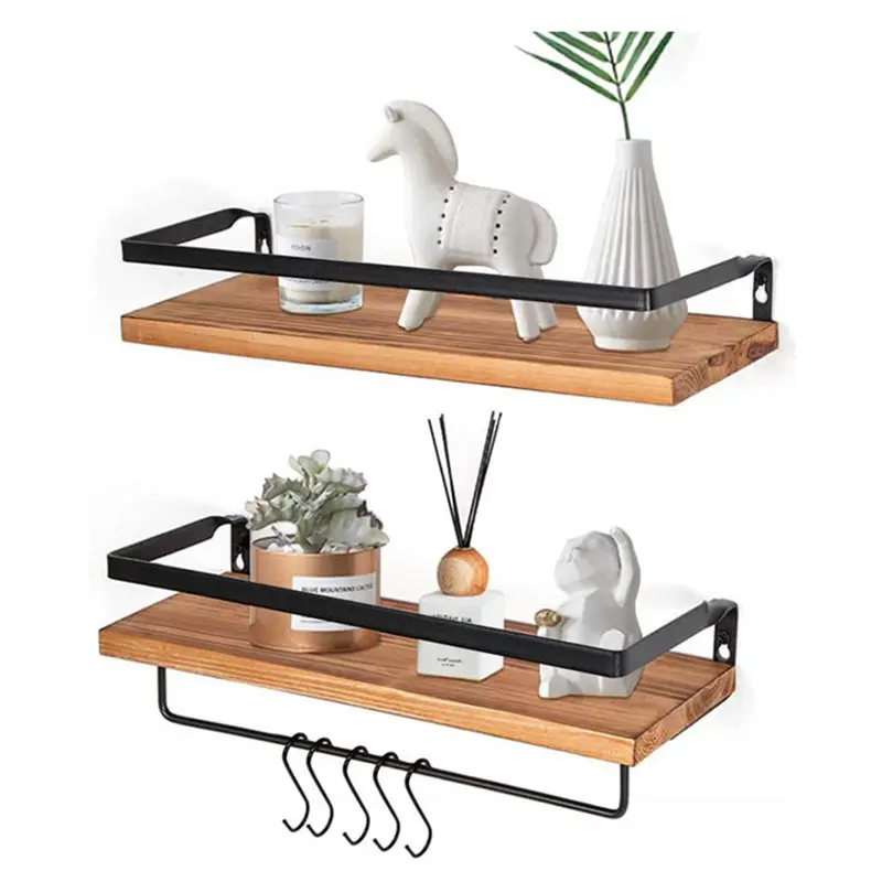 Towel metal rack pine wood wall mounted floating shelves brown with hooks