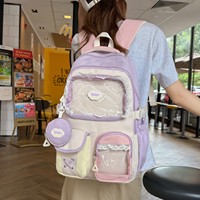 Sac à dos d'étudiant mignon en patchwork pastel avec poche transparente en PVC, décor en dentelle, sac d'école avec porte-monnaie détachable