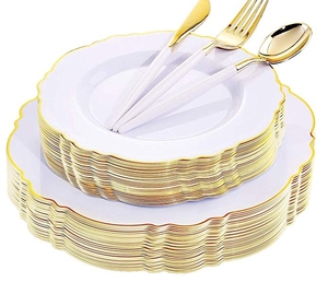 Gold Plastic Plates Disposable Gold Plastic Silverware With White Handle- Baroque White Gold Plastic Dinnerware